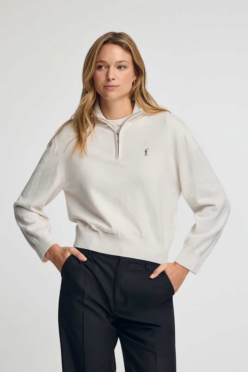 Nude wool-blend jumper with half-zip neck and Rigby Go embroidery