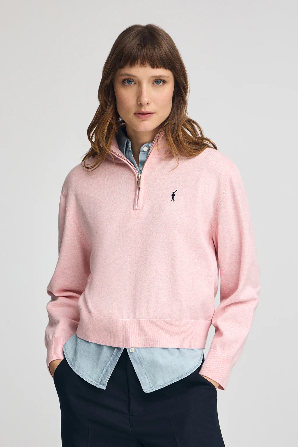 Pink-marl wool-blend jumper with half-zip neck and Rigby Go embroidery