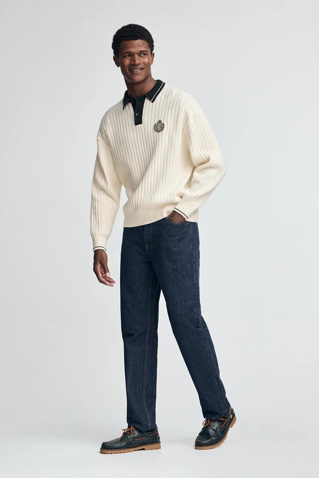 Polo-collar jumper in nude and navy blue with Polo Club nautical patch - Image 4