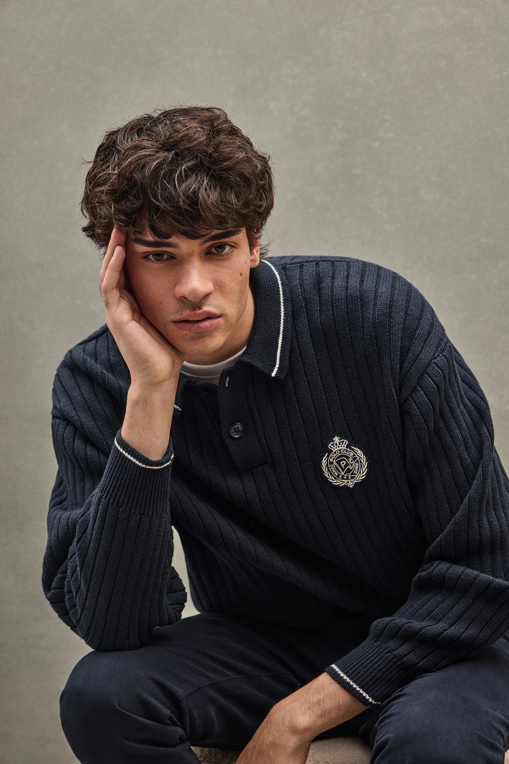 Navy-blue polo-collar jumper with Polo Club nautical patch