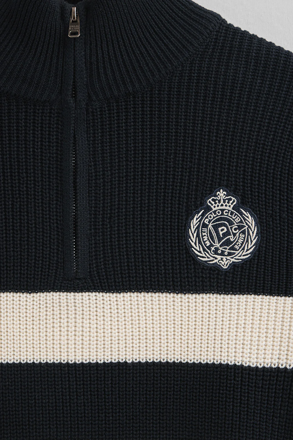 Striped jumper in navy blue and nude with Polo Club nautical patch - Image 7