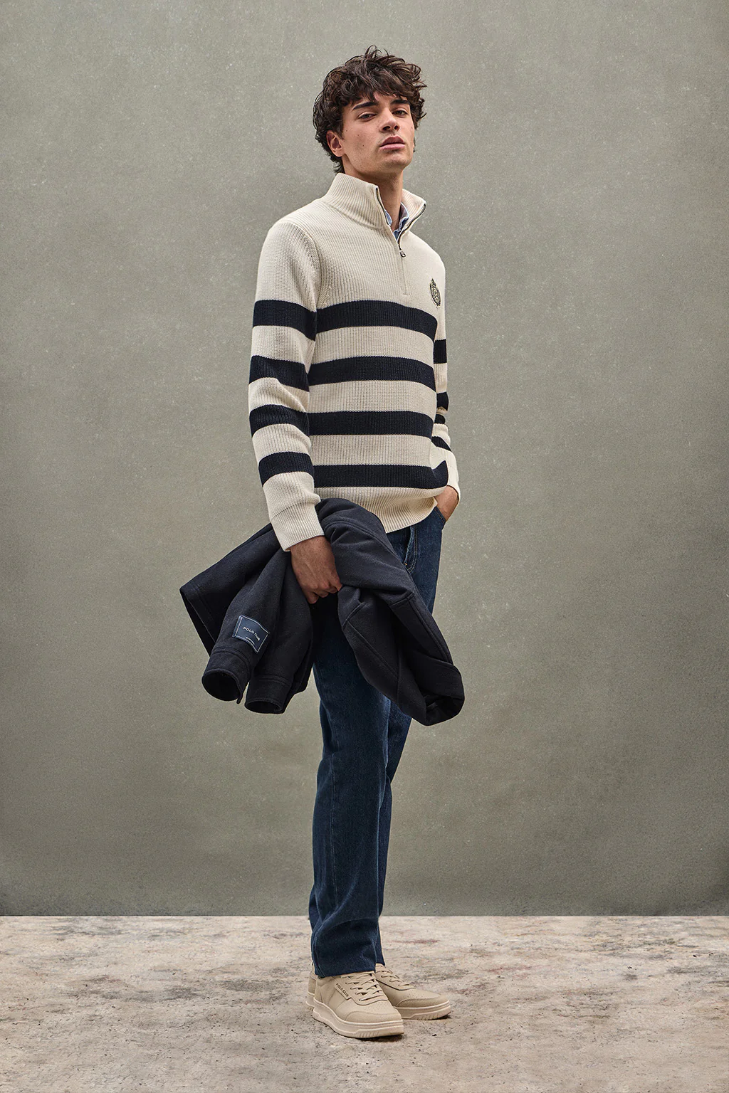 Striped jumper in nude and navy blue with Polo Club nautical patch - Image 2