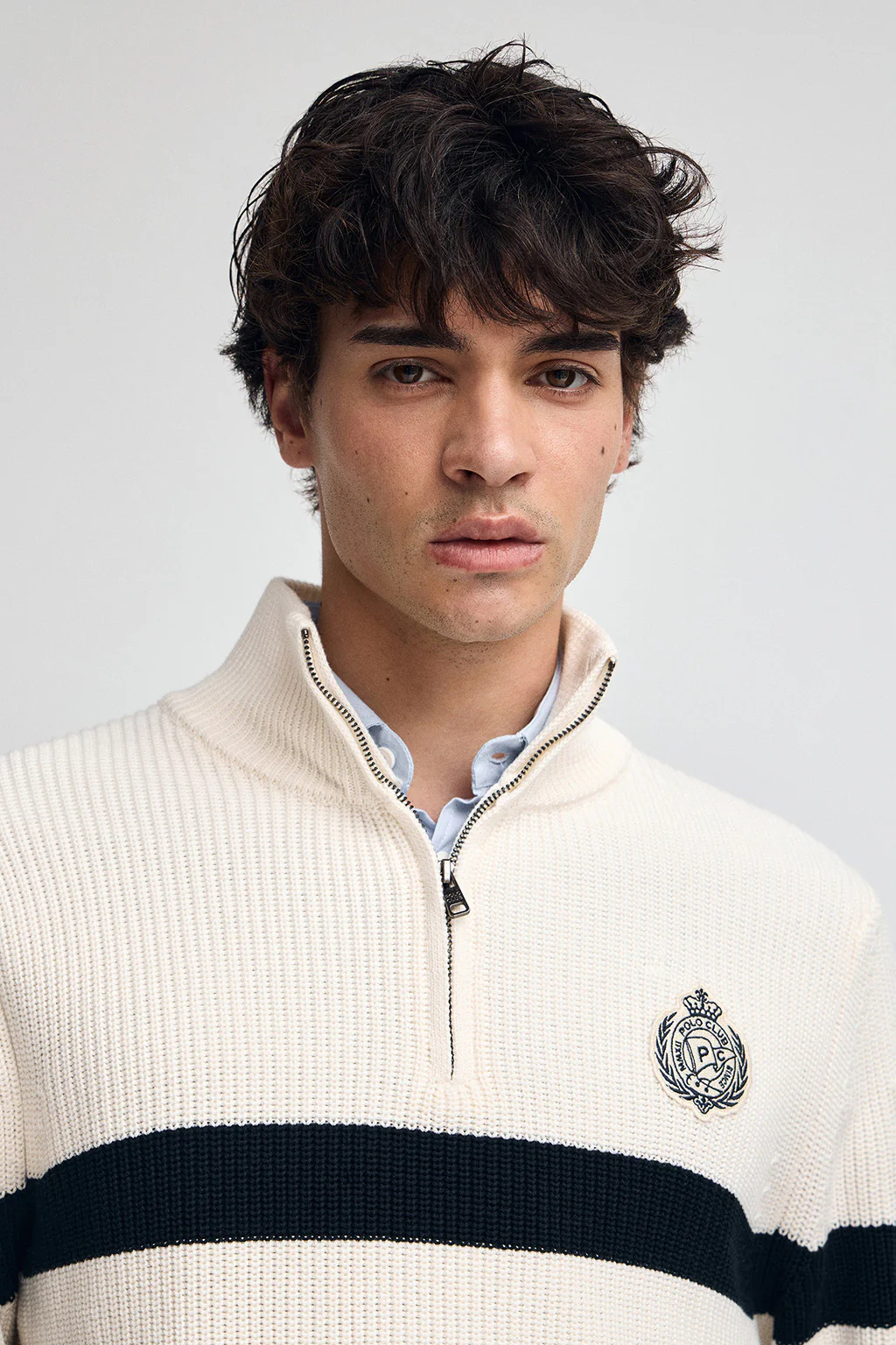 Striped jumper in nude and navy blue with Polo Club nautical patch - Image 3