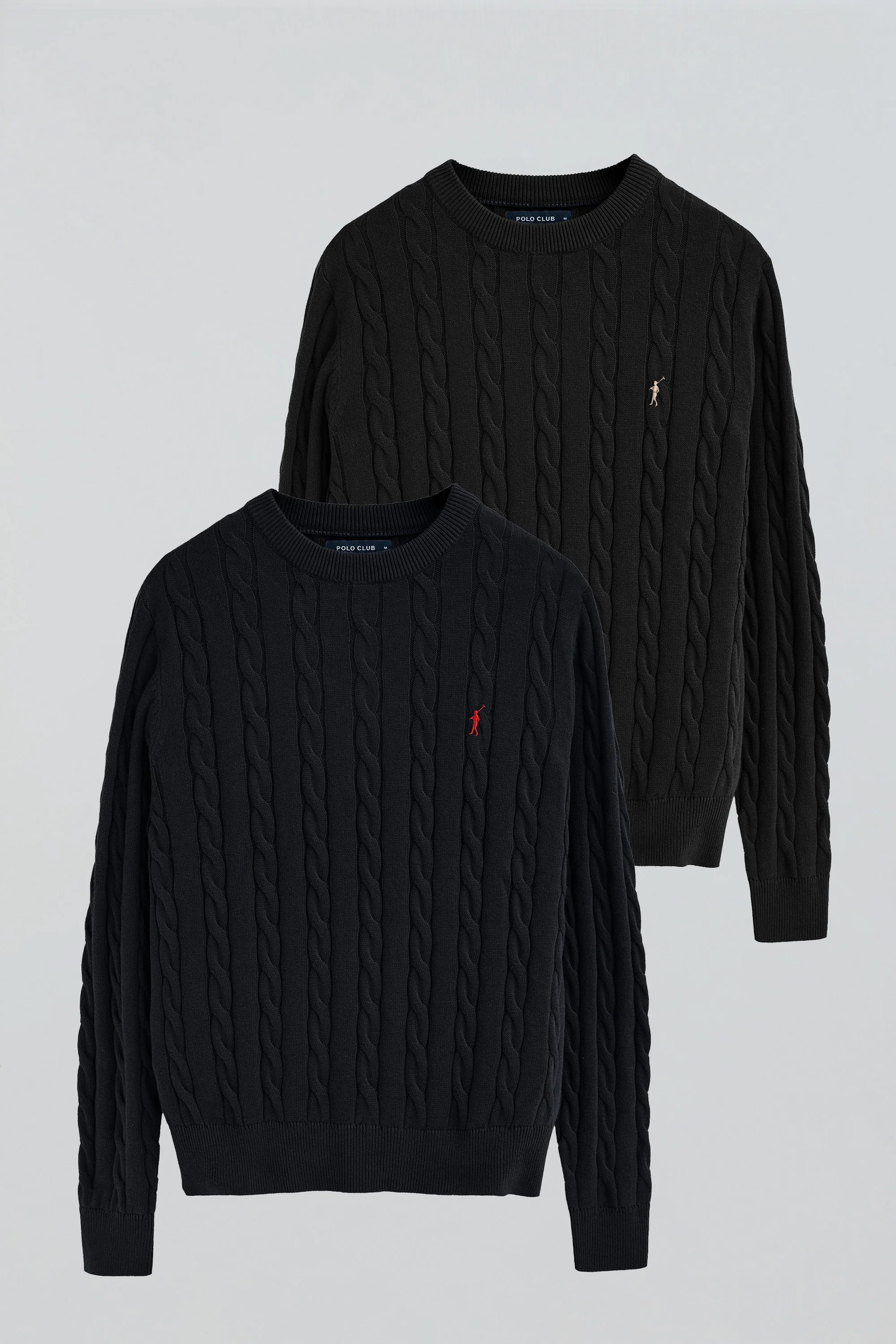 Men’s cable-knit cotton 2-pack jumpers in navy and black with Rigby Go embroidery