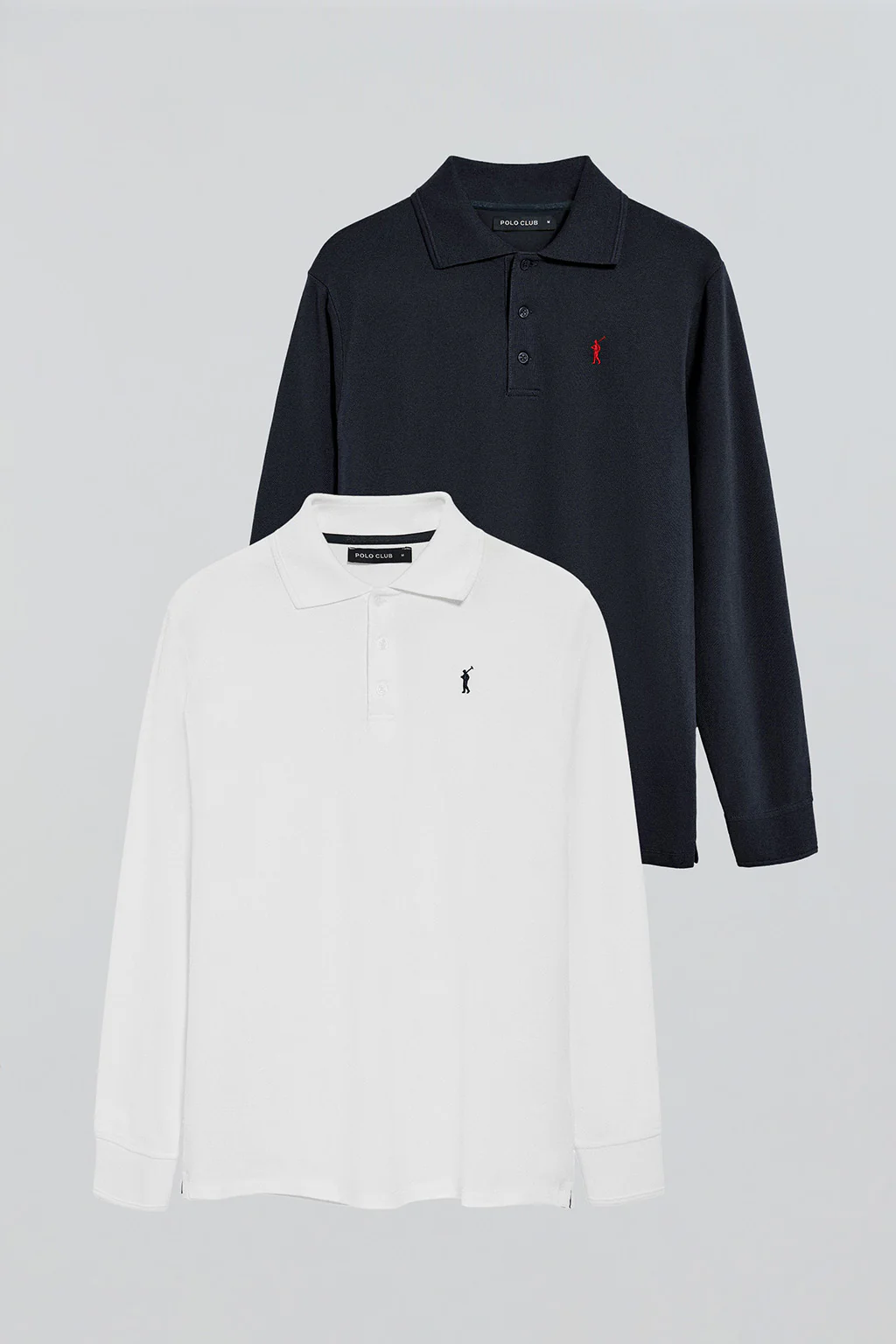 Long-sleeve polo shirt with Rigby Go logo 2 pack (navy blue and white)