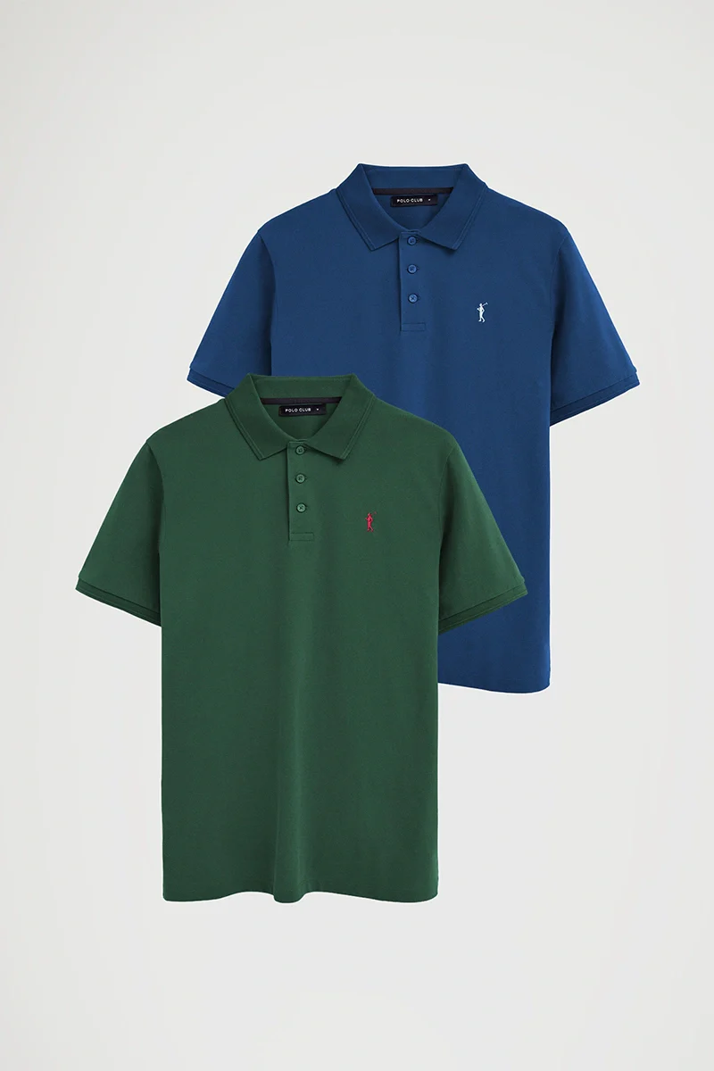 Men’s 2-pack polo shirts in indigo blue and bottle green with short sleeves and Rigby Go embroidery - Image 8