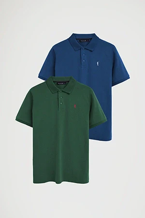 Men’s 2-pack polo shirts in indigo blue and bottle green with short sleeves and Rigby Go embroidery - Image 9
