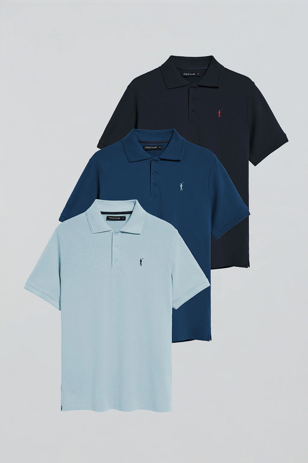 Three-button polo shirt with Rigby Go logo 3 pack (navy blue, light blue and indigo blue)