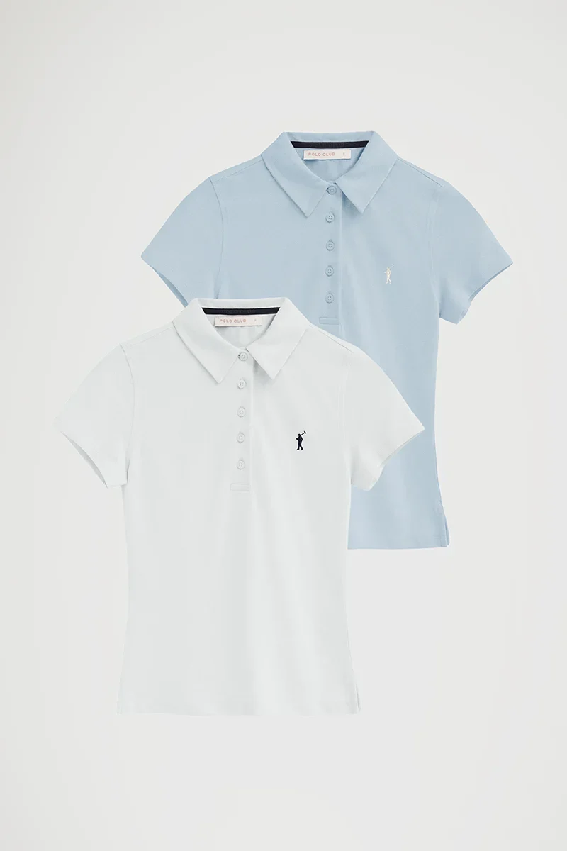 Women’s 2-pack polo shirts in light blue and white with short sleeves, slim fit and Rigby Go embroidery - Image 8
