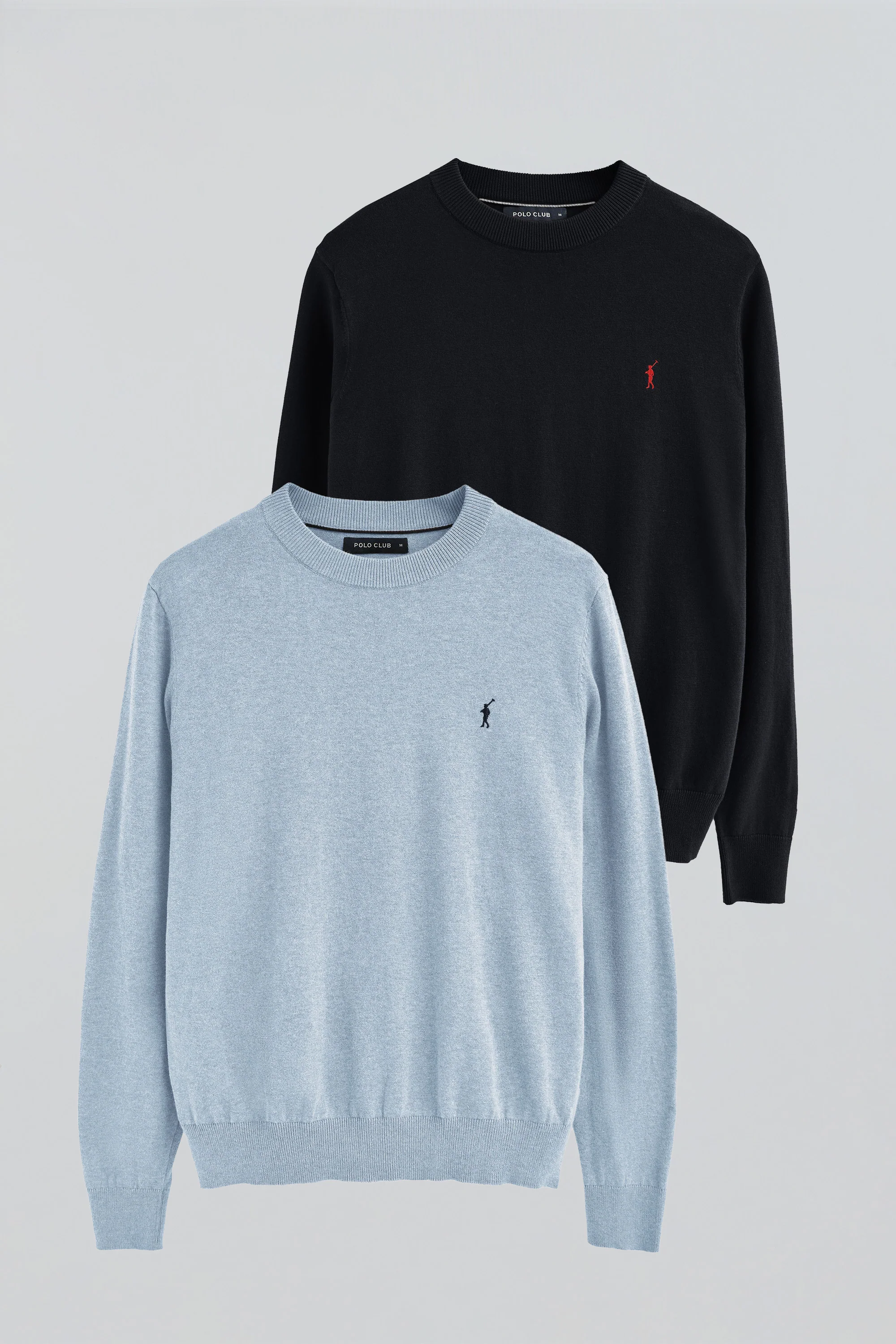 Men’s 2-pack cotton jumpers in navy and light blue marl with round neck and Rigby Go embroidery - Image 12