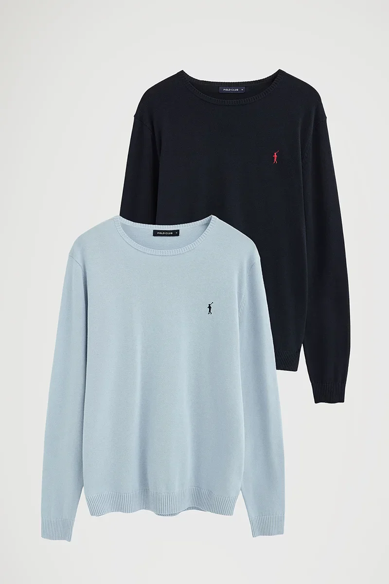 Men’s 2-pack jumpers in navy and light blue with round neck and Rigby Go logo