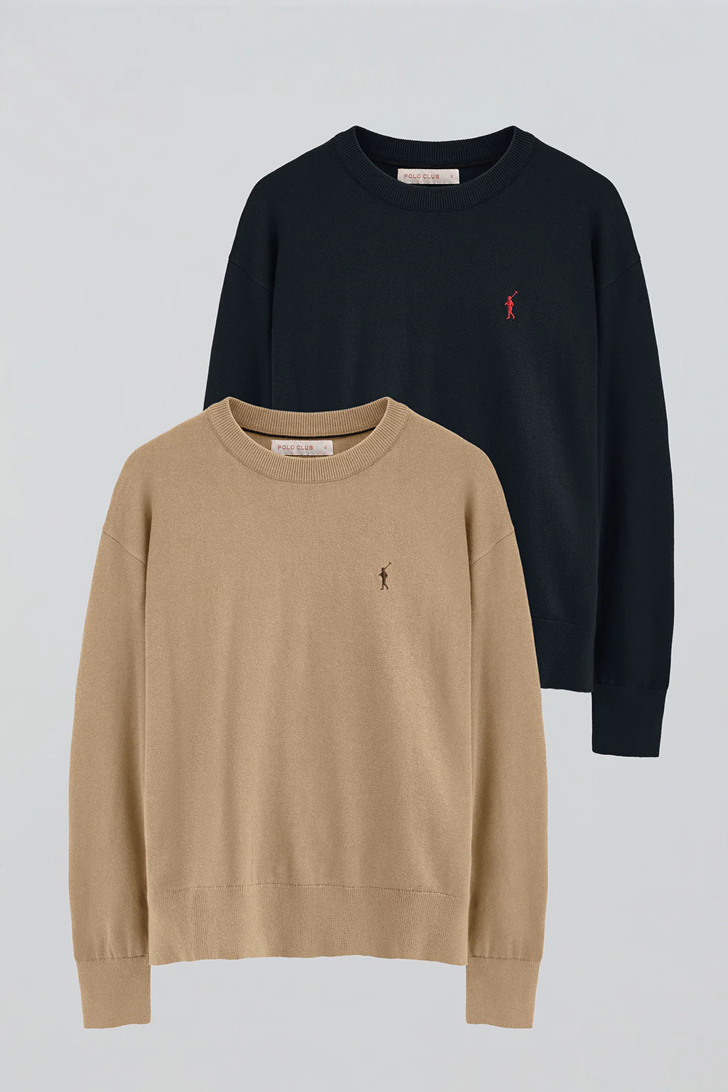 Women’s 2-pack knit jumpers in navy and light brown with round neck and Rigby Go embroidery