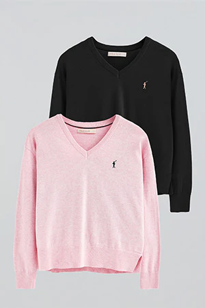 Women’s 2-pack cotton knit jumpers in black and pink marl with V-neck and Rigby Go embroidery - Image 13