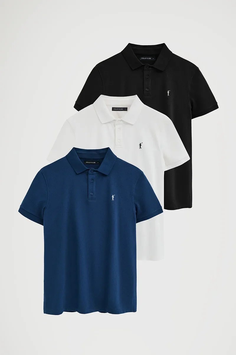Men’s 3-pack polo shirts in black, white and indigo blue with slim fit and Rigby Go embroidery - Image 12