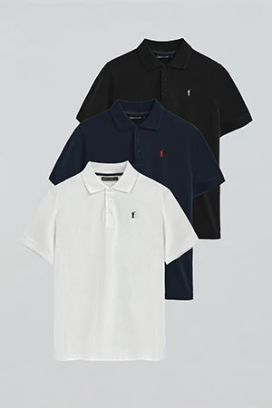 Men’s 3-pack pique polo shirts in navy, black and white with Rigby Go embroidery - Image 11