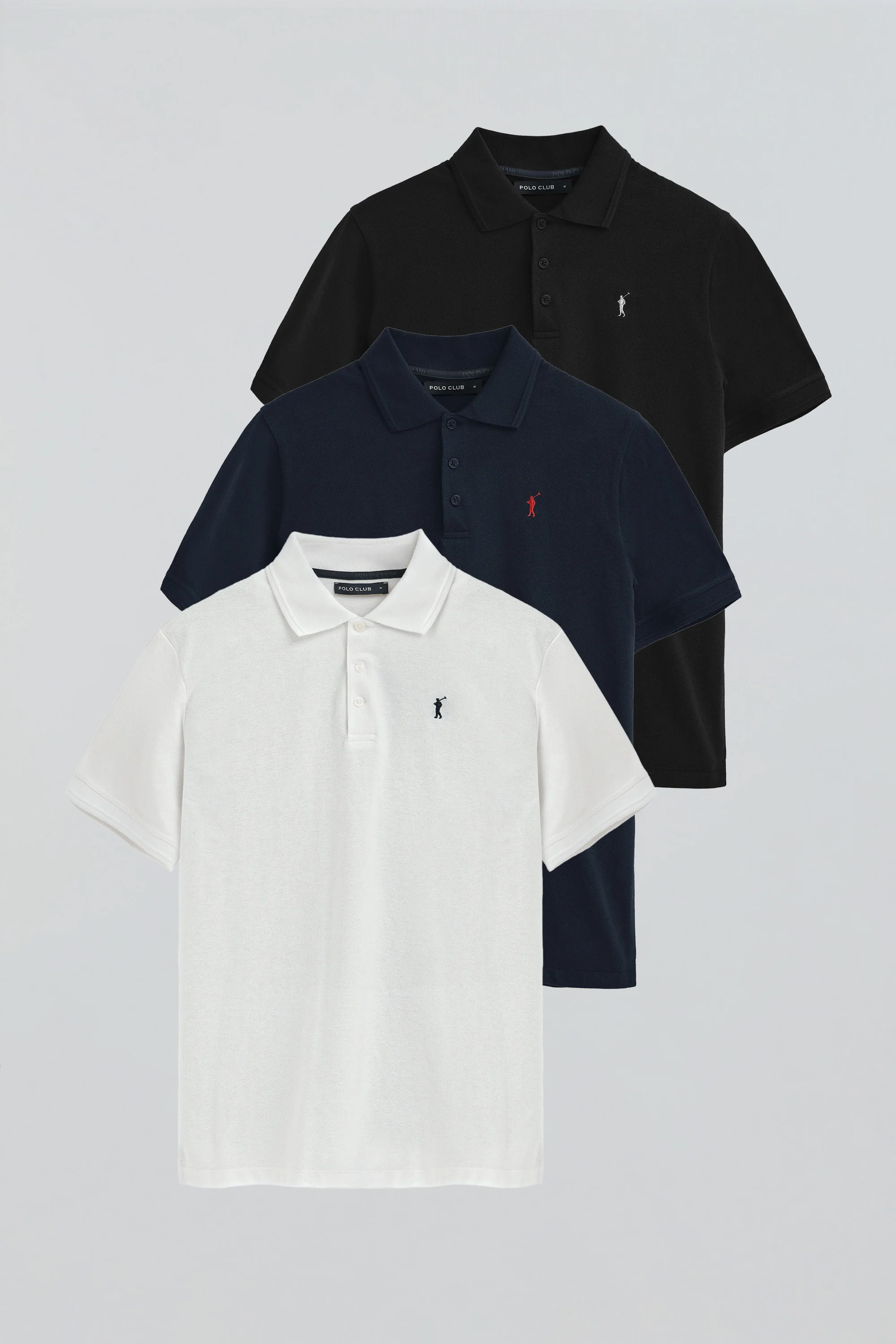 Men’s 3-pack pique polo shirts in navy, black and white with Rigby Go embroidery - Image 12