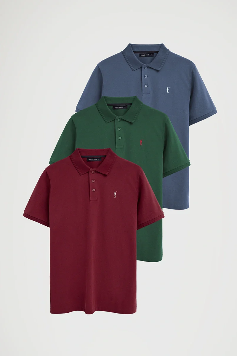 Men’s 3-pack polo shirts in denim blue, bottle green and maroon with short sleeves and Rigby Go embroidery - Image 11