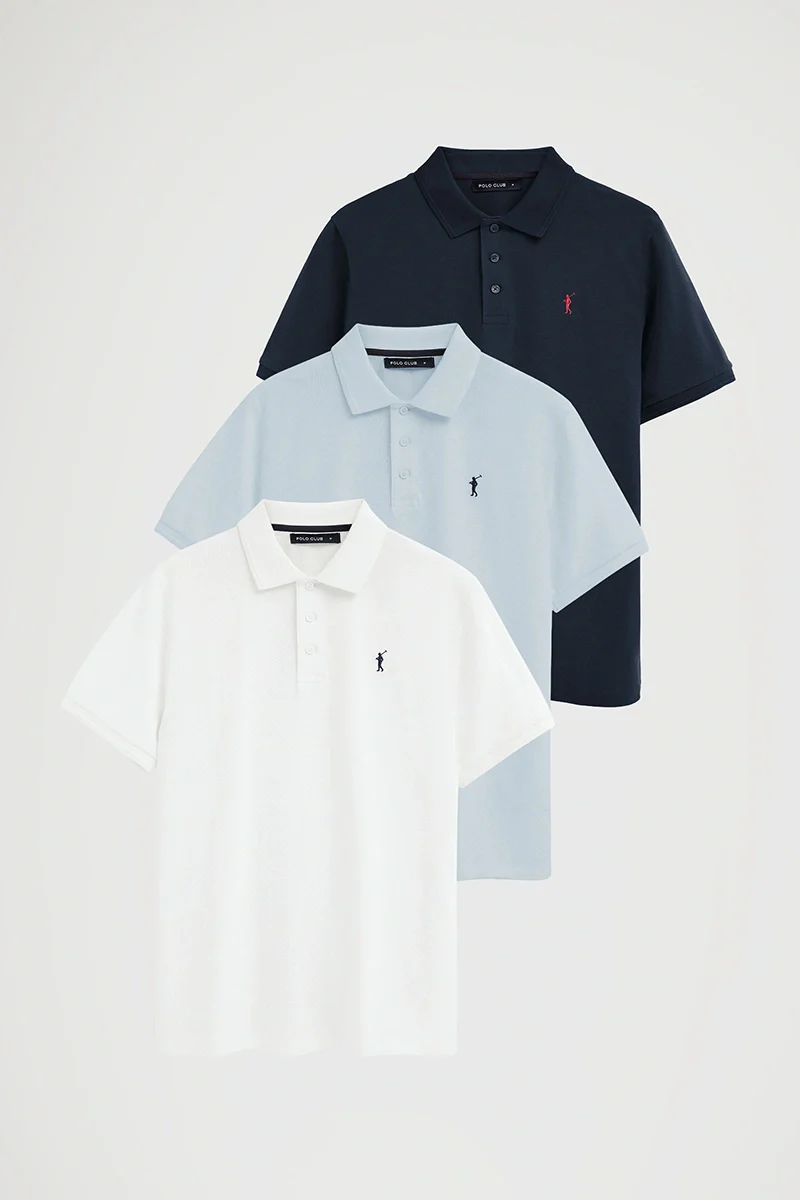 Men’s 3-pack polo shirts in light blue, navy blue and white with short sleeves and Rigby Go embroidery - Image 11