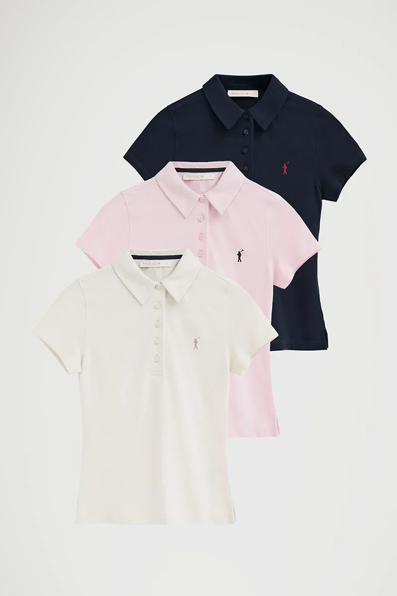 Women’s 3-pack polo shirts in navy blue, pink and nude with short sleeves, slim fit and Rigby Go embroidery - Image 11
