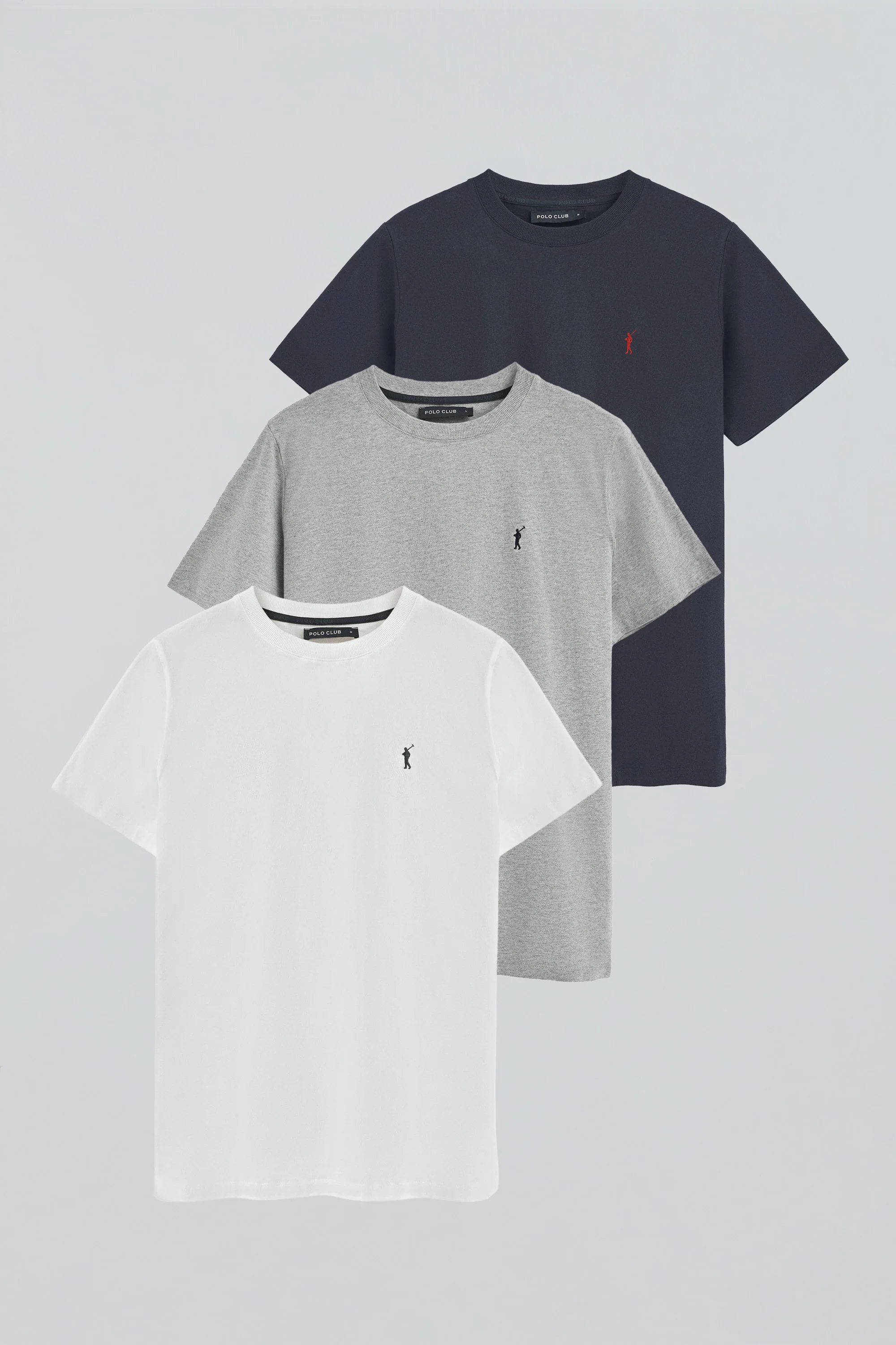 Men’s 3-pack round-neck T-shirts in navy blue, white and grey marl with Rigby Go embroidery
