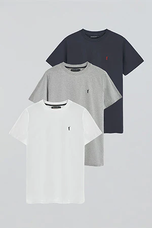 Men’s 3-pack round-neck T-shirts in navy blue, white and grey marl with Rigby Go embroidery - Image 11