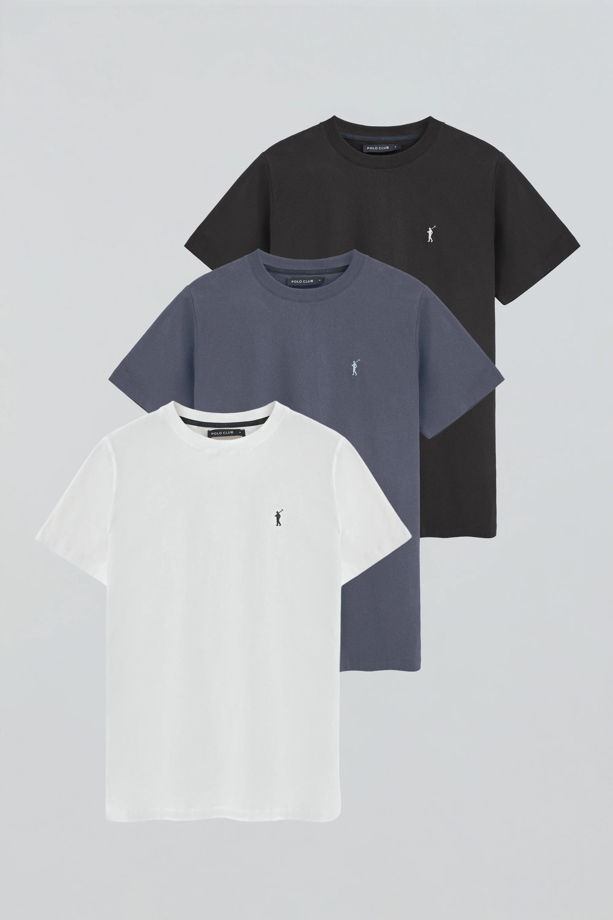 Men’s 3-pack round-neck T-shirts in black, denim blue and white with Rigby Go embroidery