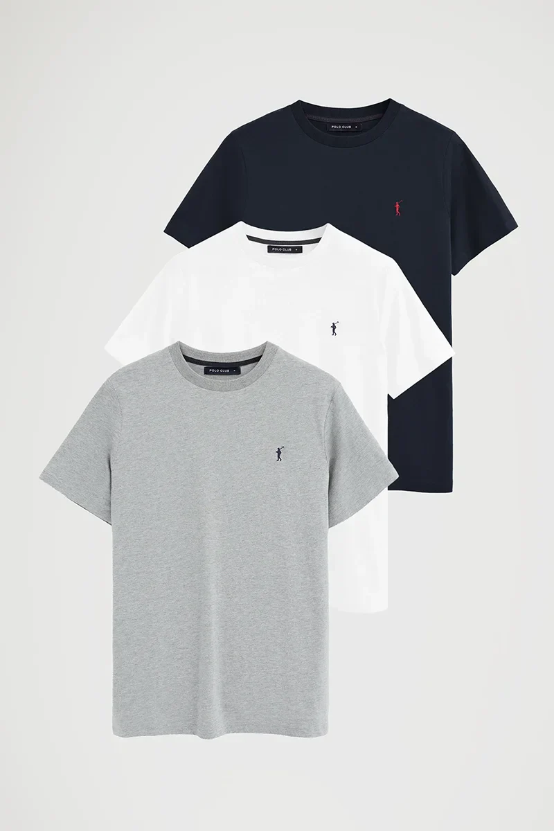 Men’s 3-pack T-shirts in navy blue, white and grey marl with short sleeves and Rigby Go embroidery