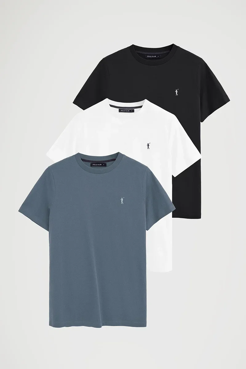 Men’s 3-pack T-shirts in black, denim blue and white with short sleeves and Rigby Go embroidery - Image 12