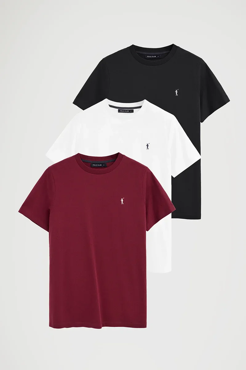 Men’s 3-pack T-shirts in black, maroon and white with short sleeves and Rigby Go embroidery