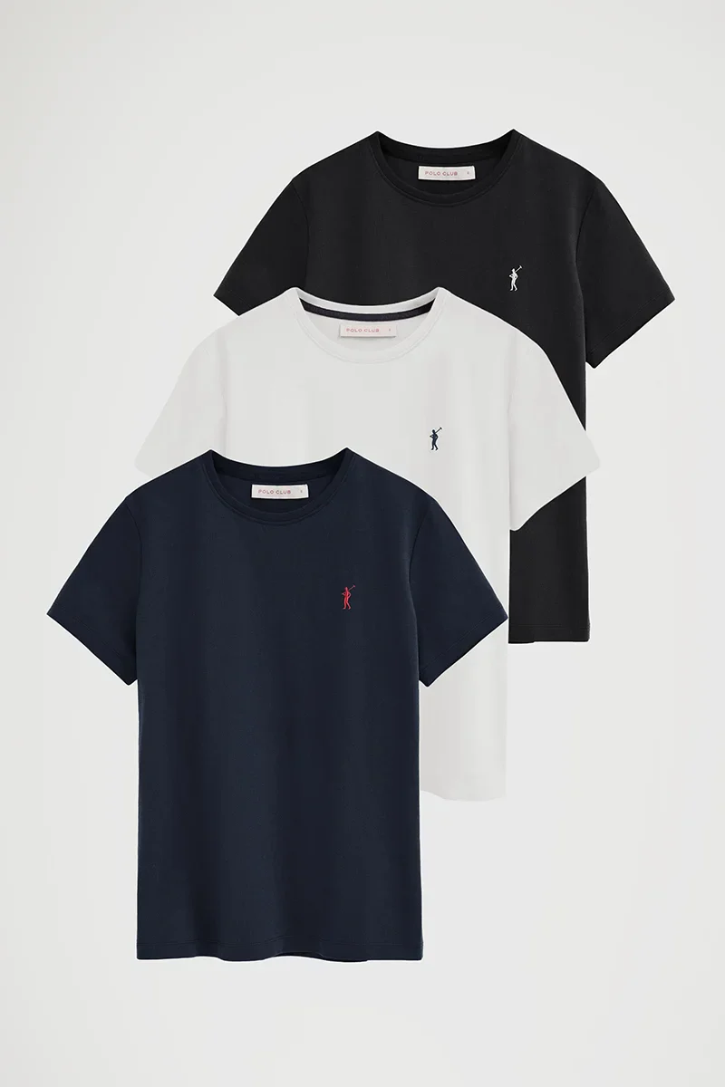 Women’s 3-pack T-shirts in black, navy blue and white with short sleeves, round neck and Rigby Go embroidery