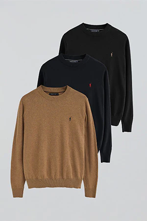 Men’s 3-pack cotton jumpers in black, navy and camel marl with round neck and Rigby Go embroidery - Image 19