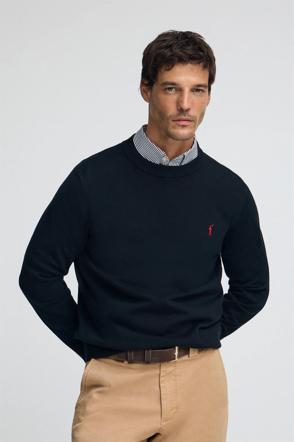 Men’s 3-pack cotton jumpers in black, navy and camel marl with round neck and Rigby Go embroidery - Image 7