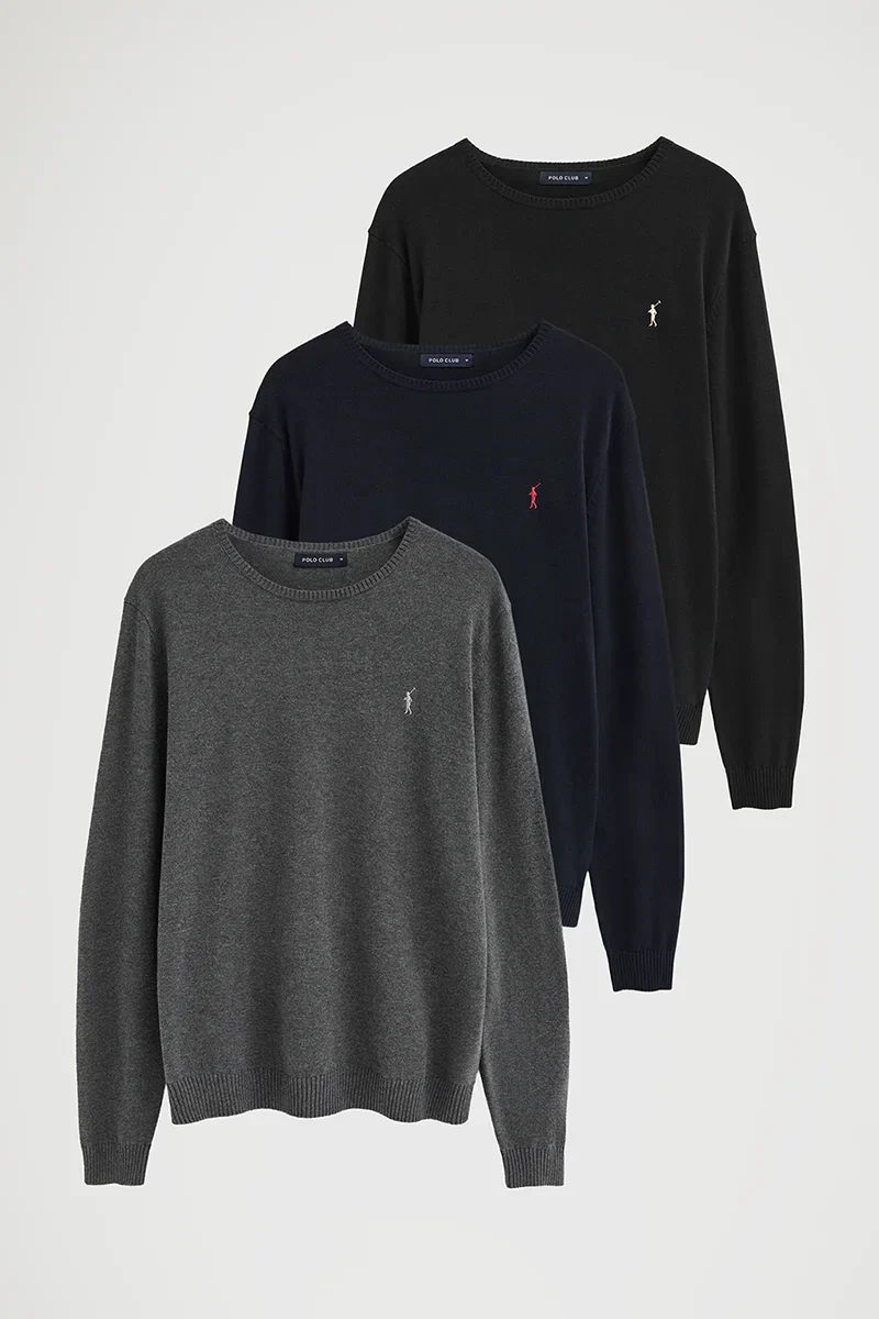 Men’s 3-pack jumpers in navy blue, black and dark grey marl with round neck and Rigby Go logo