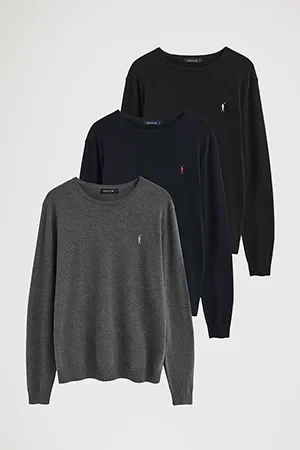 Men’s 3-pack jumpers in navy blue, black and dark grey marl with round neck and Rigby Go logo - Image 12