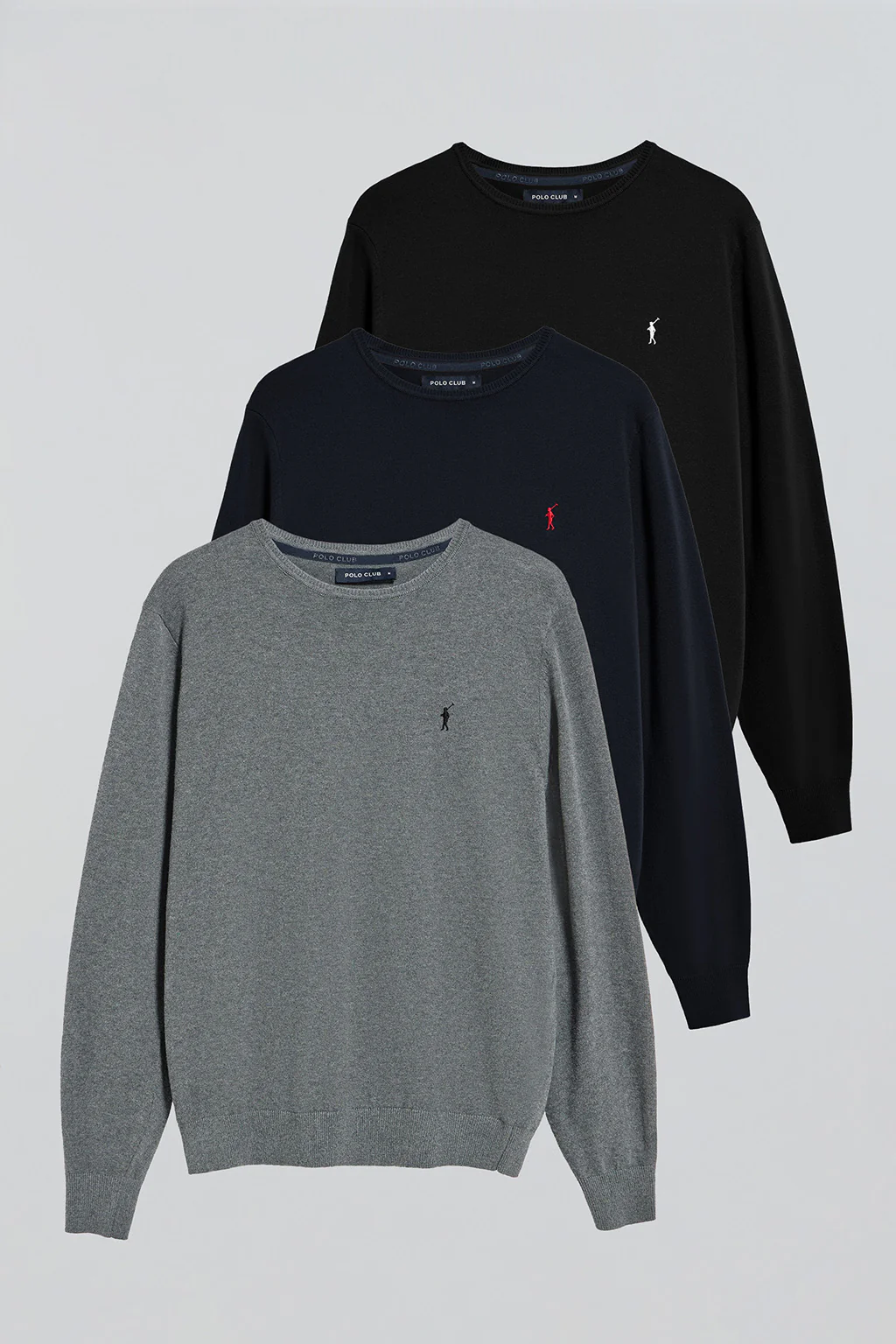Round-neck knit jumper with Rigby Go embroidery 3 pack (navy blue, black and grey marl)