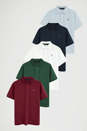 Men’s 5-pack polo shirts in light blue, navy blue, white, bottle green and maroon with short sleeves and Rigby Go embroidery - Image 18