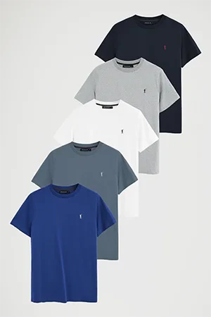 Men’s 5-pack T-shirts in navy blue, grey marl, white, denim blue and royal blue with short sleeves and Rigby Go embroidery - Image 17