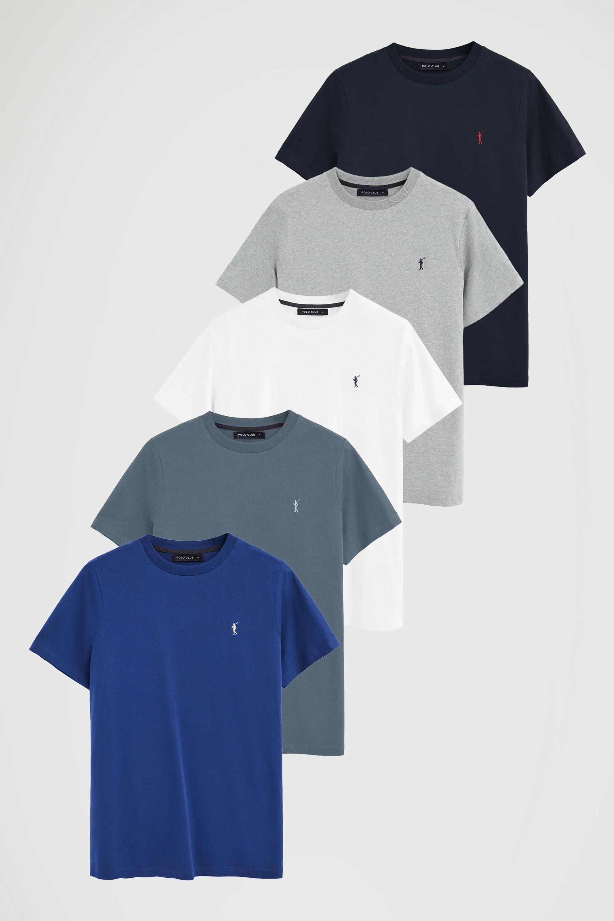 Men’s 5-pack T-shirts in navy blue, grey marl, white, denim blue and royal blue with short sleeves and Rigby Go embroidery - Image 18