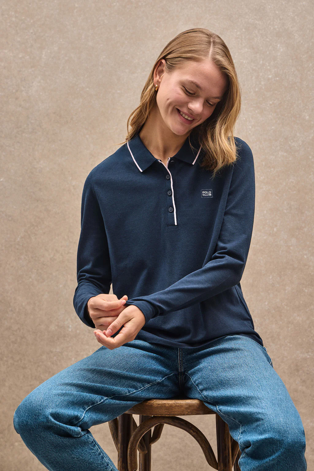 Dark-blue long-sleeve polo shirt with Polo Club satin patch - Image 2
