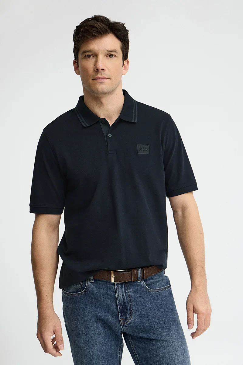 Navy-blue short-sleeve polo shirt with Polo Club patch