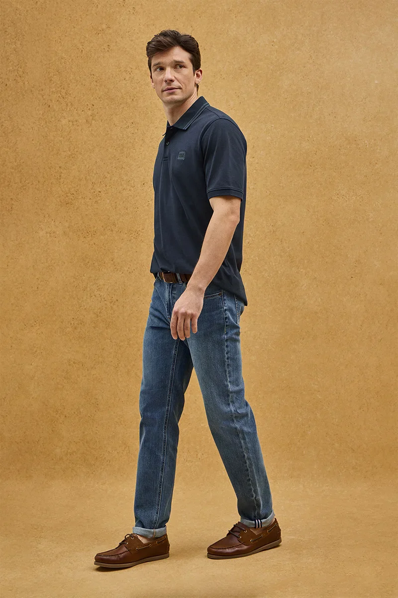 Navy-blue short-sleeve polo shirt with Polo Club patch - Image 2