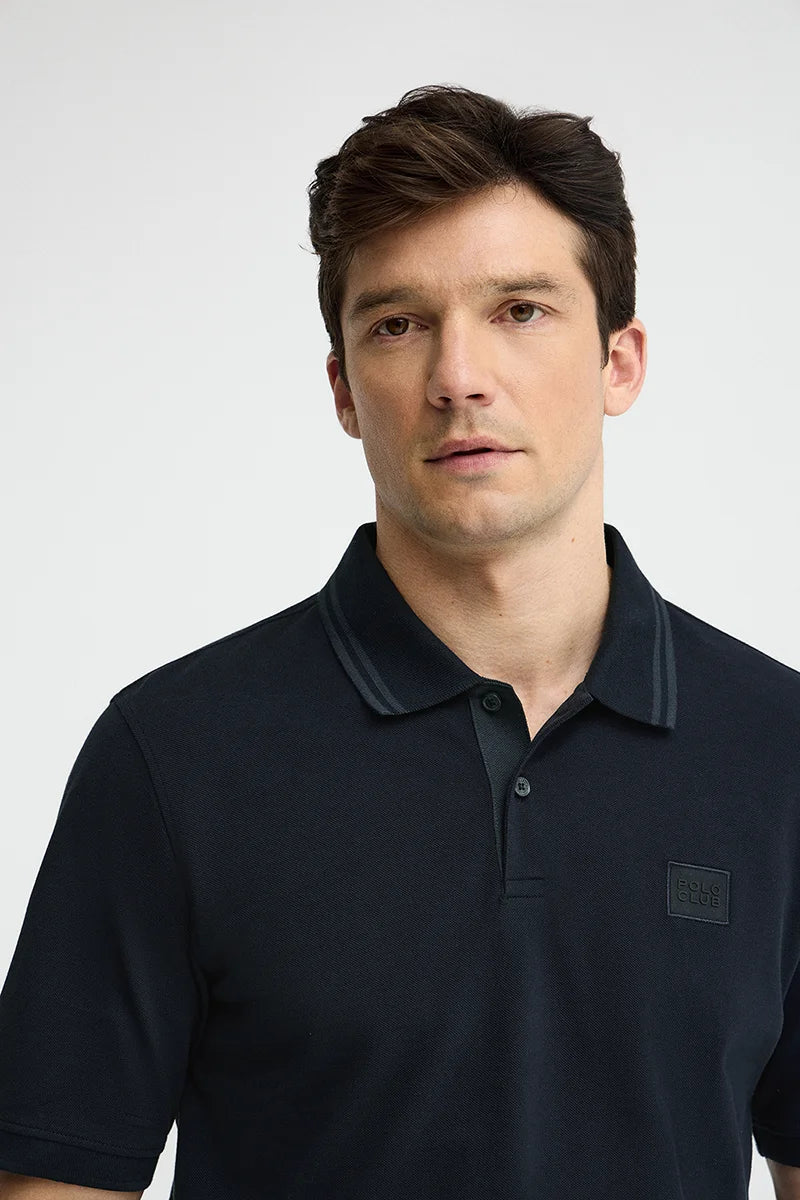 Navy-blue short-sleeve polo shirt with Polo Club patch - Image 3