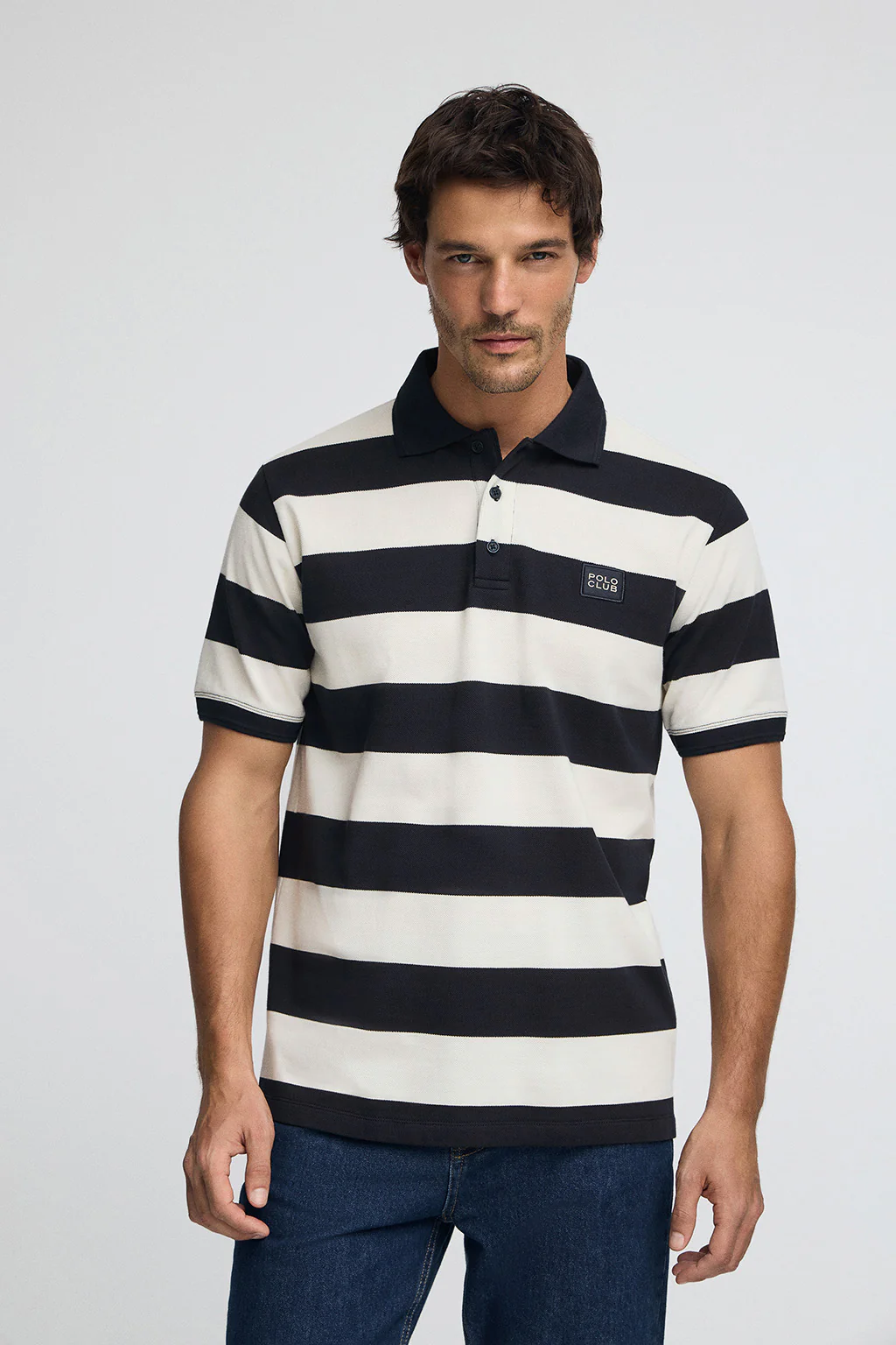 Striped polo shirt in nude and navy blue with Polo Club patch - Image 2