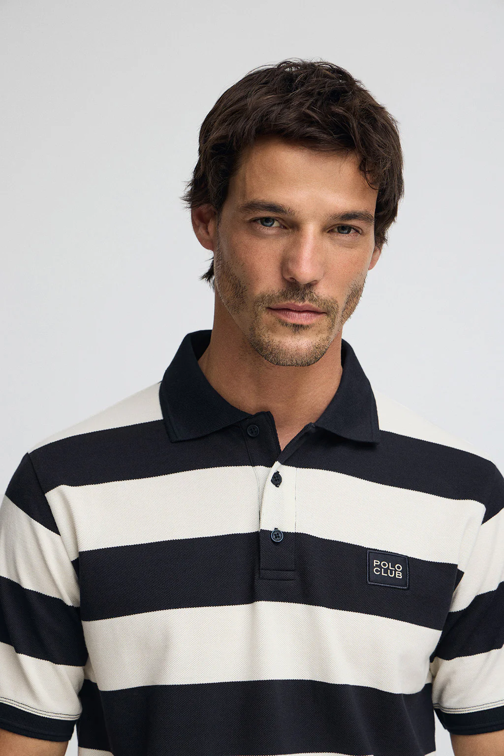 Striped polo shirt in nude and navy blue with Polo Club patch - Image 3