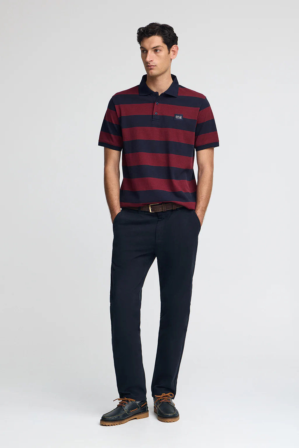 Striped polo shirt in navy blue and nude with Polo Club patch - Image 4