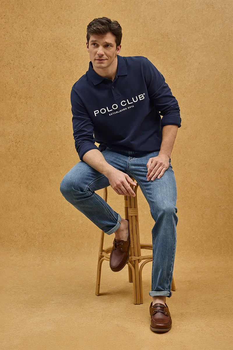 Navy-blue long-sleeve polo shirt with Established 2012 Polo Club Polo Club logo
