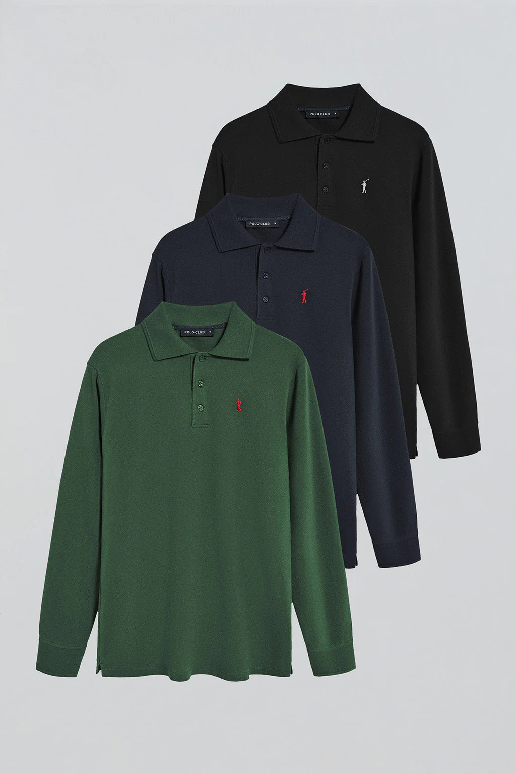 Long-sleeve polo shirt with Rigby Go logo 3 pack (navy blue, bottle green and black)