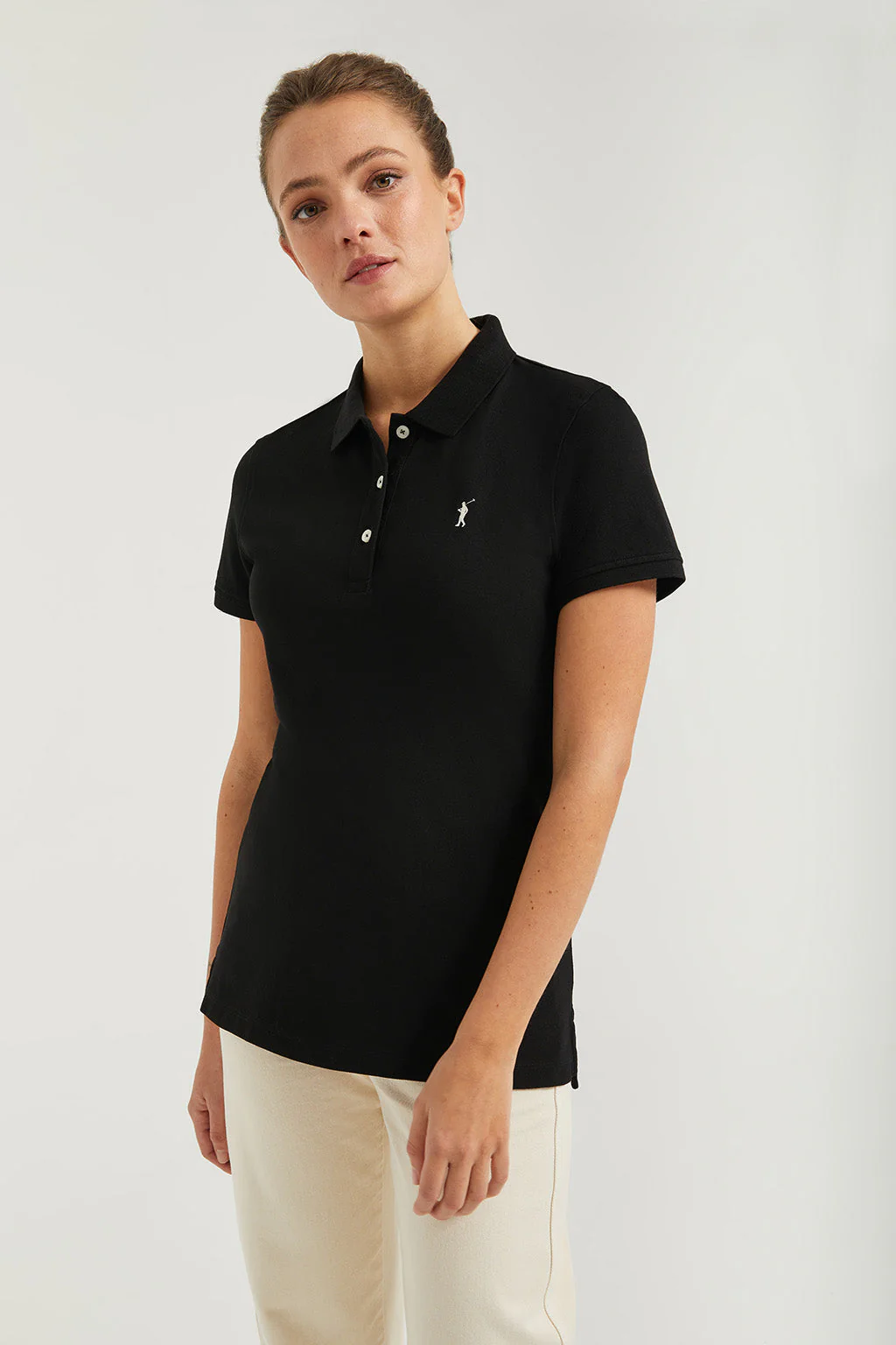 Black short-sleeve pique polo shirt with Rigby Go logo