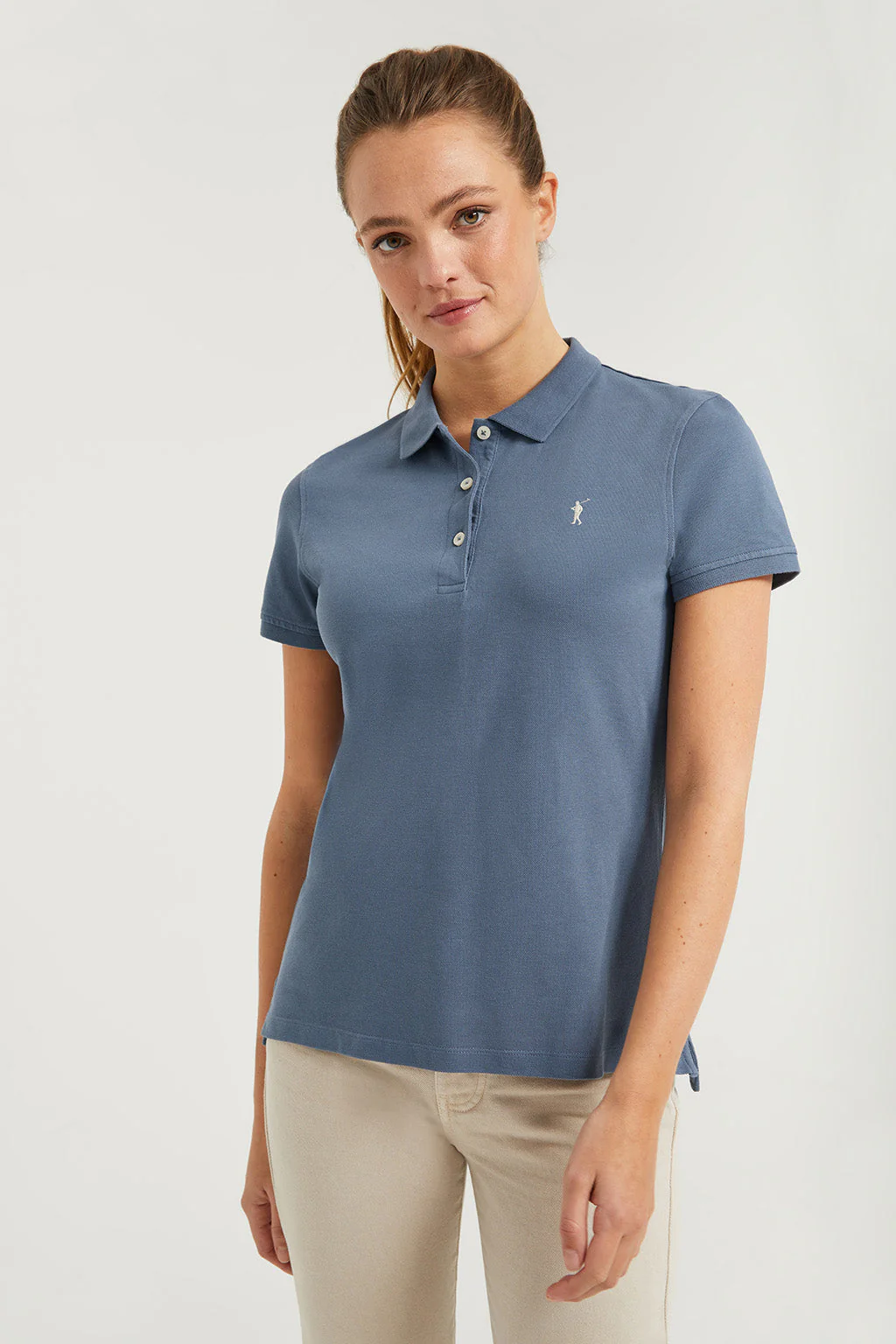 Denim-blue short-sleeve pique polo shirt with Rigby Go logo