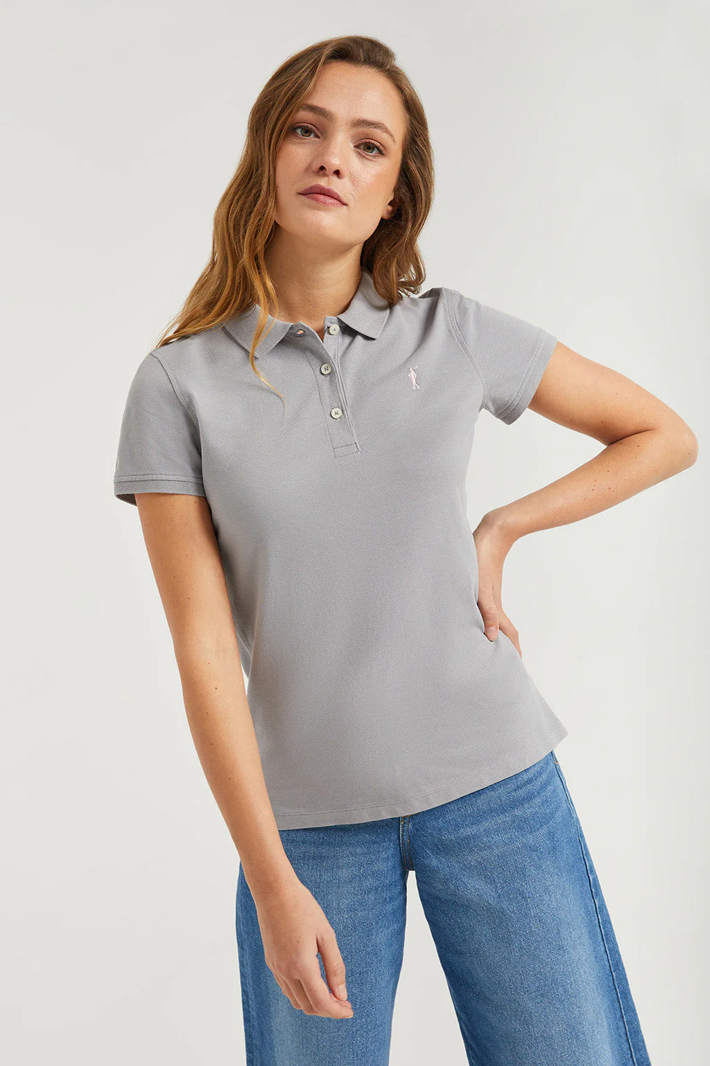 Grey short-sleeve pique polo shirt with Rigby Go logo